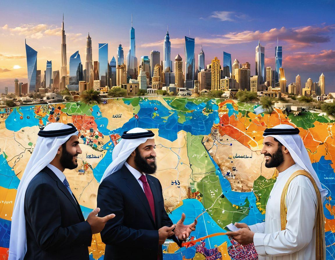 A vibrant scene depicting Arab and American entrepreneurs collaborating over a digital map showcasing interconnected economies. Include elements like traditional Arab architecture alongside modern American cityscapes, with diverse individuals engaged in discussion, surrounded by symbols of innovation and partnership. Bright colors and a sense of unity should dominate the image. super-realistic. vibrant colors. dynamic composition.