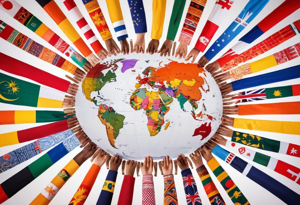 A vibrant collage symbolizing cultural diversity, featuring entrepreneurs of various ethnic backgrounds collaborating on an innovative project. Include elements like traditional fabrics, global maps, and modern tech tools, representing the fusion of cultures. Surround them with symbols of global trade, like currency and flags, illuminated by warm, inviting light. The background should be abstract, merging colors from different cultures to evoke harmony and cooperation. super-realistic. vibrant colors. white background.