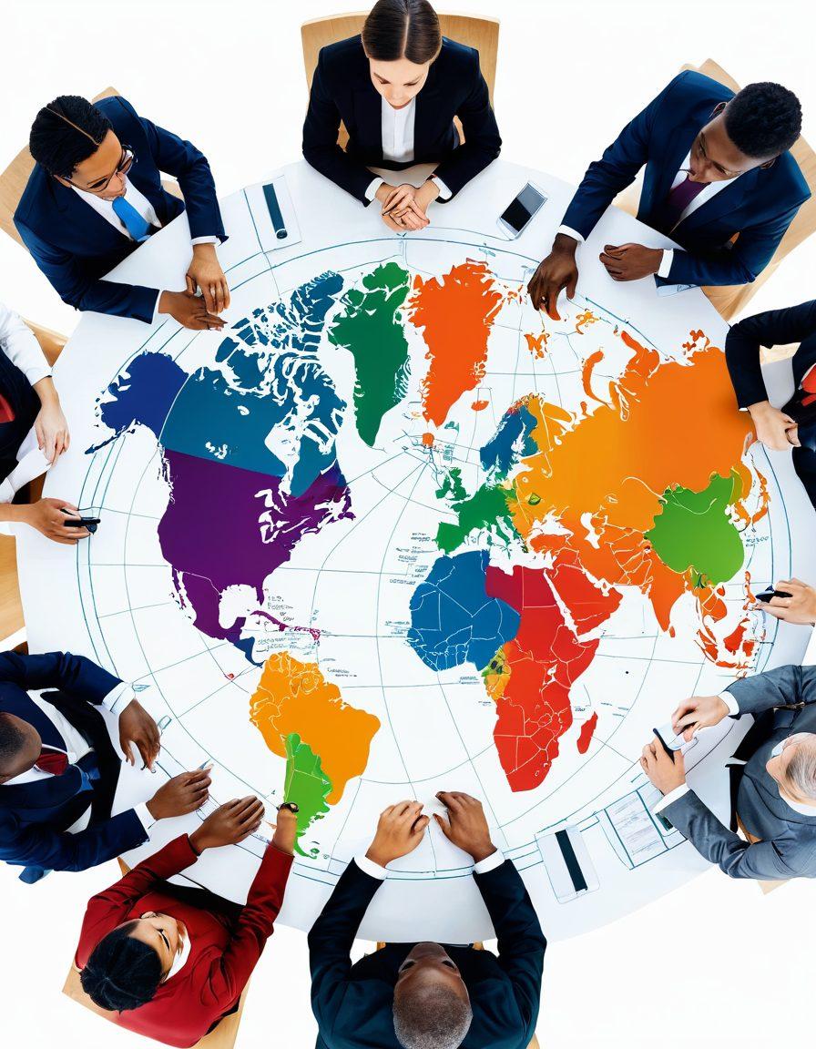 A diverse group of professionals from various cultures engaged in a lively discussion around a table, showcasing different traditional attire and business attire. Background featuring a world map highlighting international connections with glowing lines and icons symbolizing partnership and collaboration. Warm and inviting atmosphere, emphasizing inclusivity and success in networking. super-realistic. vibrant colors. white background.